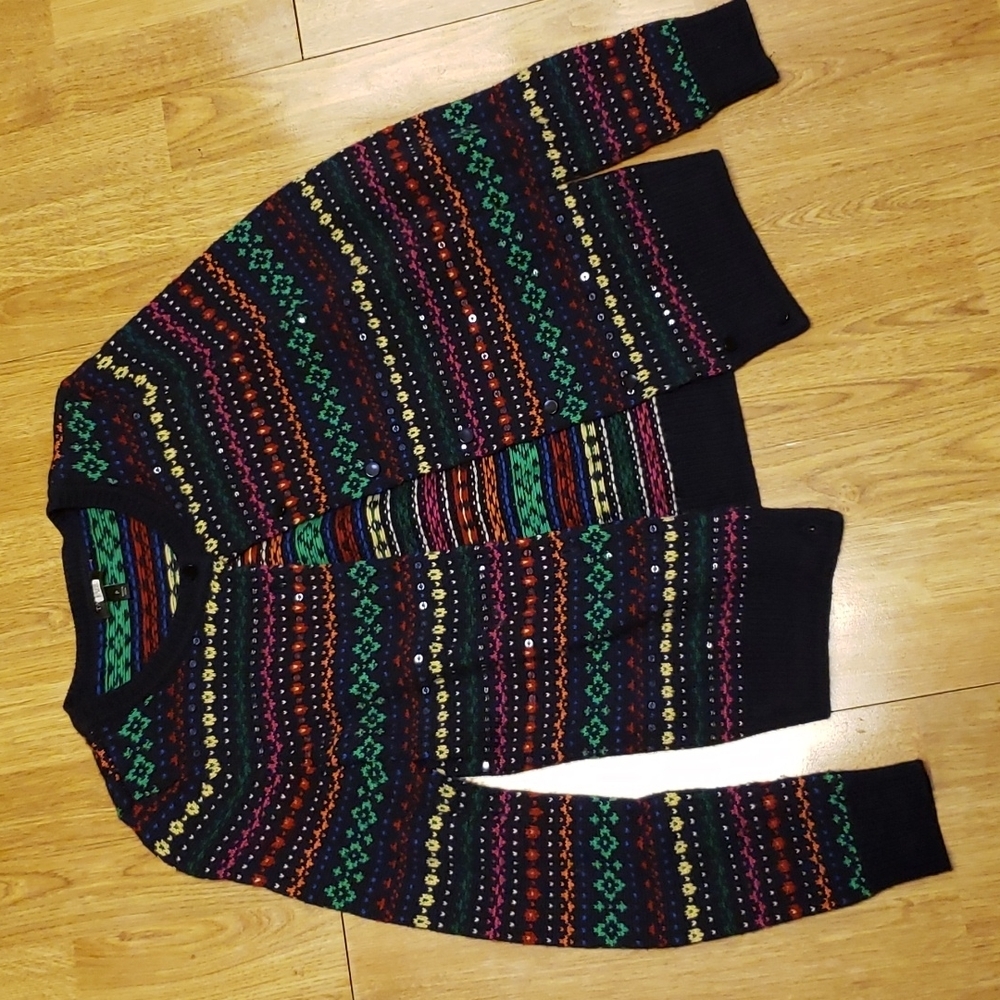 Talbots Striped Sequined Button Front Lambswool C… - image 1